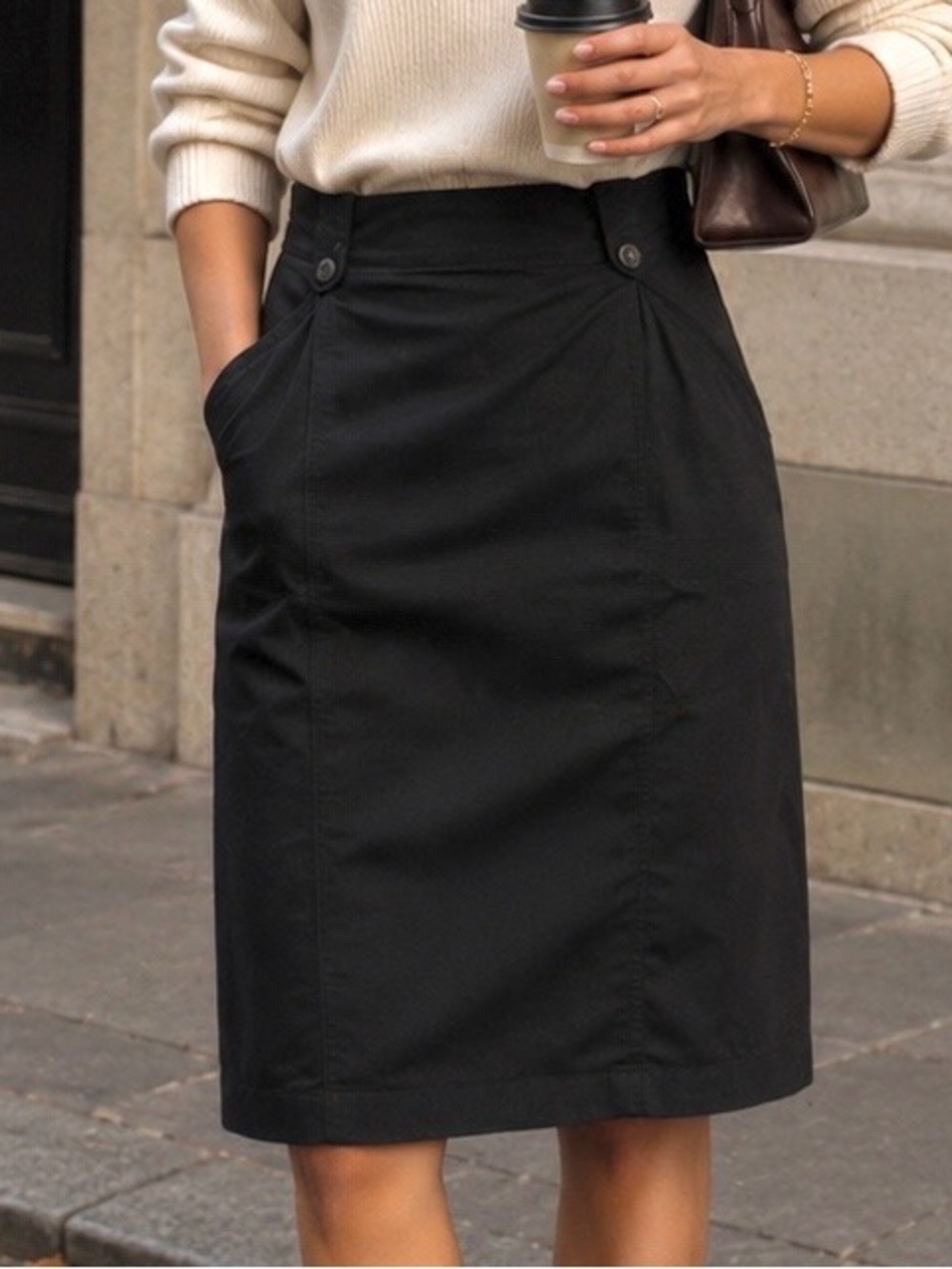 LOFT Black Midi Pencil Skirt with Button Waist
